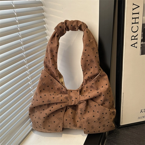 Vintage Corduroy Shoulder Bag For Women Heart Printed Large Bow Underarm Tote Bag Stylish Ruffled Handle Retro Handbag