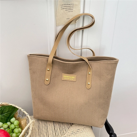 Corduroy Tote Bag Large Capacity Commuter Shoulder Bag PU Leather Straps Gold Rivets Retro Minimalist Casual Women