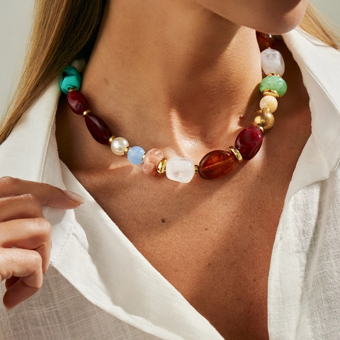 Bohemian Multicolor Resin Beaded Necklace For Women Irregular Gold Metal Beads Imitation Artificial Pearl Choker Fashion Ethnic Jewelry