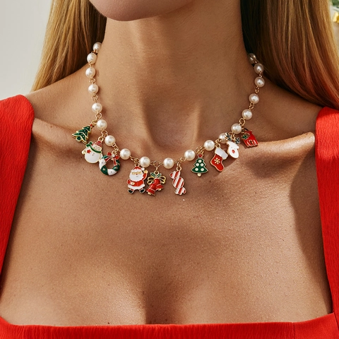Mode Weihnachten Thema Halskette Legierung Perlenimitat Emaille Weihnachtsmann Schneemann Rentier Baum Anhänger Festlicher Schmuck Für Damen