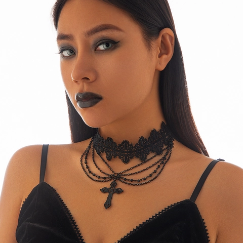 Gothic Punk Multilayer Black Beaded Choker Necklace With Cross Pendant For Women Halloween Party Lace Tassel Necklace Jewelry