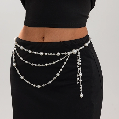 Elegant Multi Layer Faux Artificial Pearl Waist Chain Sexy Beach Body Jewelry With Tassel Adjustable For Women Summer Style