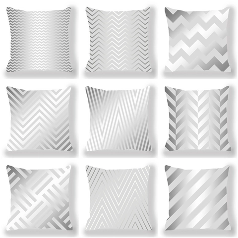 Funda de Cojín con Patrón Geométrico Nórdico Minimalista Gris Blanco Plateado Ondas Zigzag Rayas Funda de Almohada Cuadrada