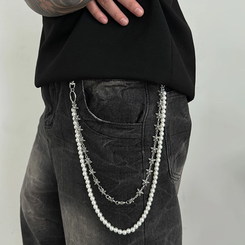 Cadena de Cintura de Doble Capa Hip Hop para Hombre Metal Plateado Pentagrama Cadena de Pantalón con Perla Artificial Streetwear Punk