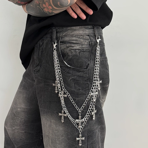 Cadena de Pantalones de Metal de Capas Punk Gótico para Hombres Colgante de Cruz de Aleación Accesorio de Cintura Hip Hop Joyería Plata