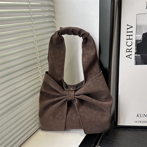 Vintage Women PU Leather Large Bow Shoulder Bag Solid Color Underarm Tote Bag Elegant High Capacity Daily Commuting Bag