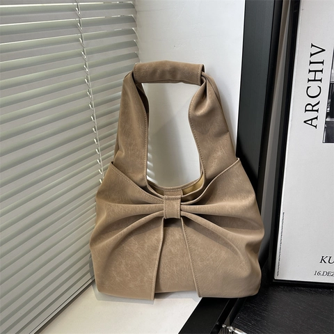 Vintage Women PU Leather Large Bow Shoulder Bag Solid Color Underarm Tote Bag Elegant High Capacity Daily Commuting Bag