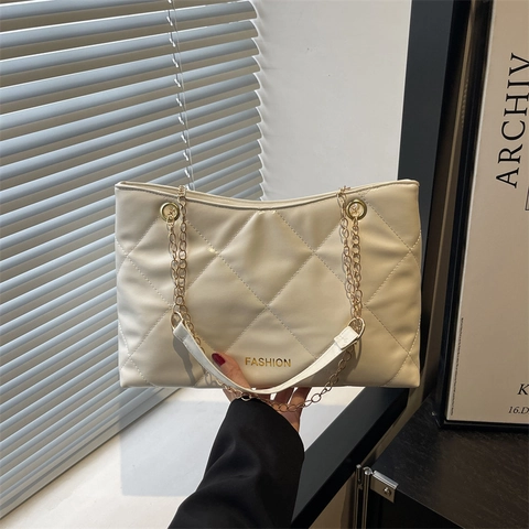 Sac Cabas Matelassé de Mode pour Femmes en Cuir PU de Luxe Motif Losange Sac à Épaule Chaîne en Or Sac à Bandoulière