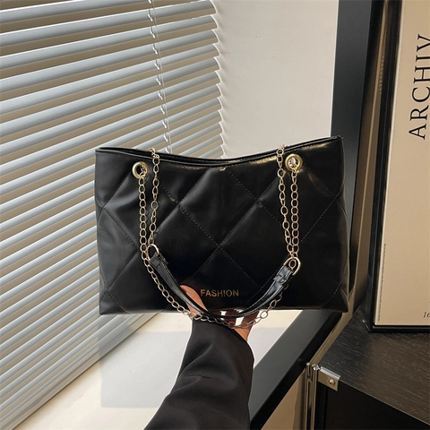 Sac Cabas Matelassé de Mode pour Femmes en Cuir PU de Luxe Motif Losange Sac à Épaule Chaîne en Or Sac à Bandoulière