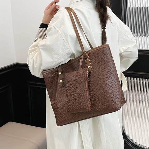 Damen Gewebte Shopper Tasche PU Leder Große Kapazität Schultertasche Und Beutel Retro Lässig Täglich Pendeln Handtasche