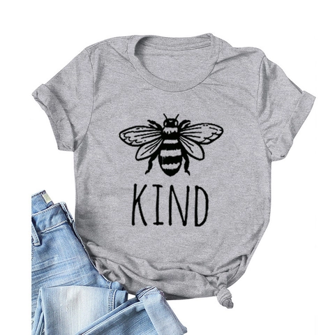 Women T-Shirt Cotton Blend Bee Kind Print Round Neck Short Sleeve Casual Streetwear Top
