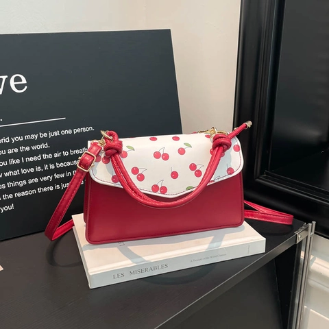 Women Cute Cartoon Bear Cherry Print PU Leather Crossbody Bag Fashion Strawberry Heart Patchwork Top Handle Small Handbag