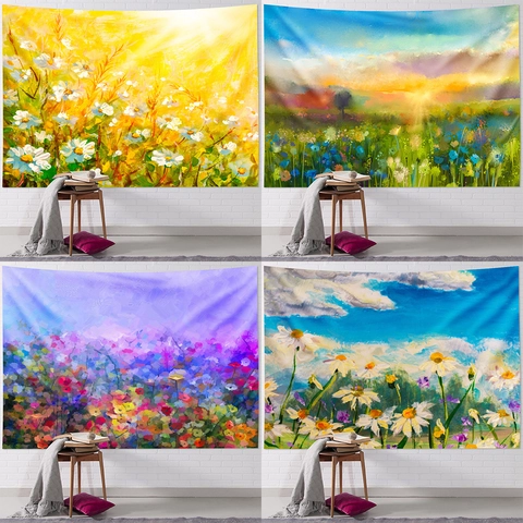 Impressionist Oil Painting Floral Landscape Tapestry Nordic Art Wall Hanging For Living Room Bedroom Home Decor Polyester