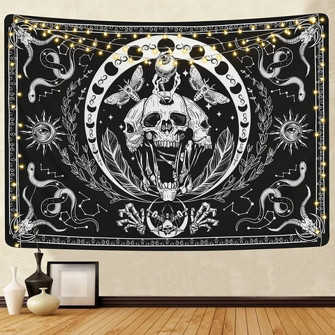 Bohemian Mandala Tapestry Wall Hanging Gothic Skeleton Moon Phase Tree of Life Polyester Fabric Aesthetic Room Decor For Bedroom Living Room