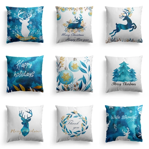 Weihnachten Aquarell Elch Kissenbezug Nordischer Stil Pfirsichhaut Blau Rentier Schneeflocke Dekorativer Quadratischer Kissenbezug Für Zuhause