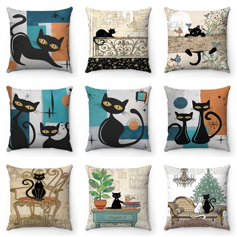 Cartoon Cat Short Plush Pillow Covers Mid Century Modern Artistic Cushion Covers For Living Room Sofa Home Decor Throw Pillowcases