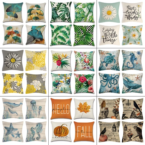 Linen Decorative Throw Pillow Covers Floral Tropical Plant Ocean Animal Pattern Holiday Cushion Cases For Sofa Couch Home Decor
