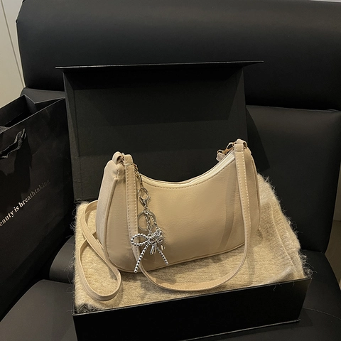 Women Suede Hobo Underarm Bag Vintage Frosted Shoulder Bag With Bow Rhinestone Pendant Solid Color Fashion