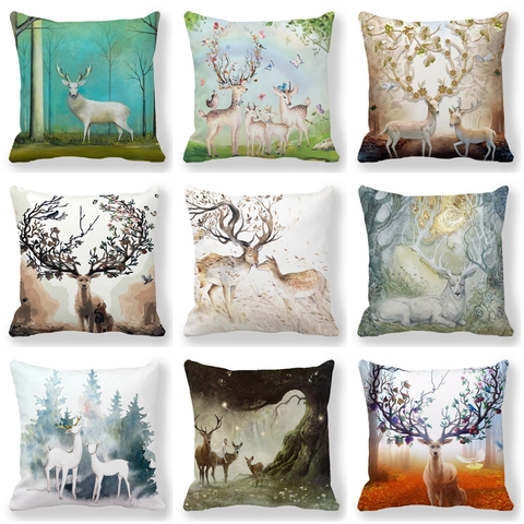 Federa Artistica Con Stampa Foresta Di Cervi Tessuto Pelle Di Pesca Fodera Per Cuscino Decorativo Per Divano Quadrata Decorazioni Casa