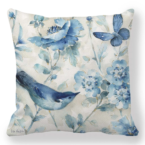 Decoratieve Kussenhoes Perzikhuid Aquarel Blauwe Bloem Vogel Vlinder Print Voor Sofa Huis Moderne Kunst