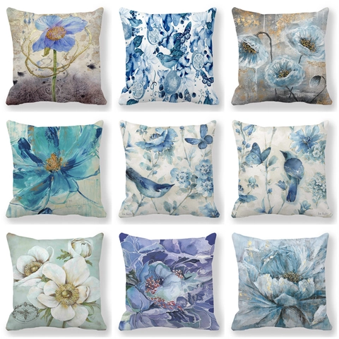 Decoratieve Kussenhoes Perzikhuid Aquarel Blauwe Bloem Vogel Vlinder Print Voor Sofa Huis Moderne Kunst