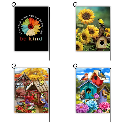 Linen Polyester Garden Flag And Metal Stand Yard Decor Colorful Flower Bird Sunflower Pattern Outdoor House Decorative Sign