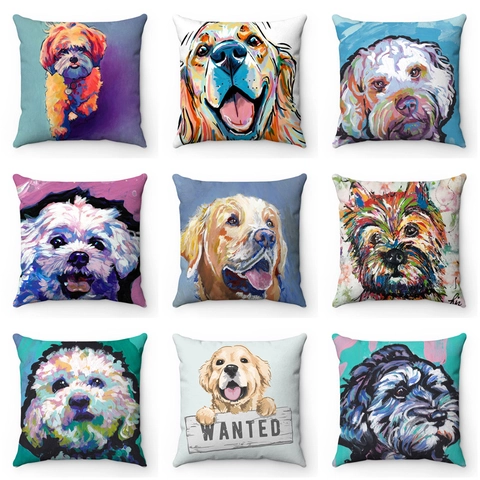 Artistic Oil Painting Dog Portrait Throw Cushion Cover Soft Short Plush Square Decorative Pillowcase For Sofa Home Decor
