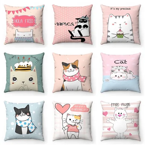 Cartoon Cat Pattern Decorative Pillowcase Soft Short Plush Cushion Cover For Sofa Living Room Home Decor Square Pillow Case