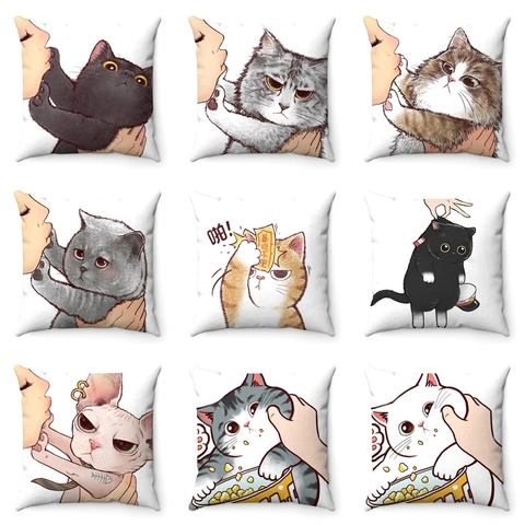 Funda de Almohada de Felpa Corta con Patrón de Gato de Dibujos Animados Funda de Cojín Cuadrada Decorativa para Sofá Casa Sala