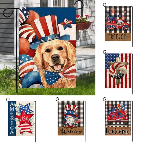Bandera Da Giardino USA Decorazione Patriottica Americana Giorno Dell'Indipendenza Lino Juta Esterno Cortile Banner Gnomo Rosso