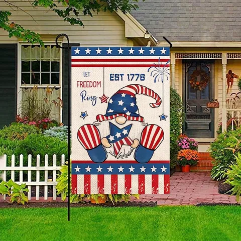 Bandera Da Giardino USA Decorazione Patriottica Americana Giorno Dell'Indipendenza Lino Juta Esterno Cortile Banner Gnomo Rosso