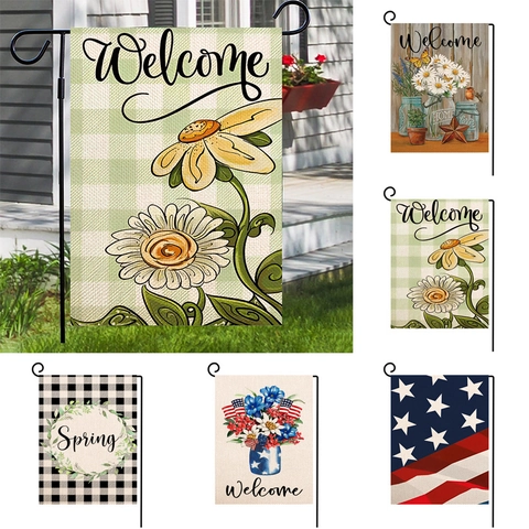 Garden Flag With Metal Stand Double Sided Linen Spring Floral Patriotic Outdoor Yard Decorative Welcome Sign