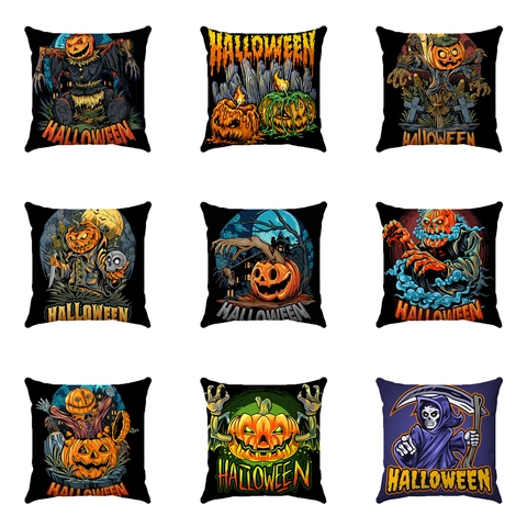 Funda de Almohada Decorativa de Halloween Super Suave Peluche Corto Funda de Cojín Cuadrada Calabaza Espantapájaros Esqueleto Para Sofá Hogar
