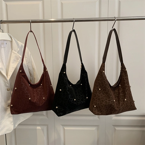 Damen Tote Bag Mit Leopardenmuster Wildlederimitat Große Kapazität Vintage Schultertasche Mit Goldene Nieten Casual Mode Handtasche