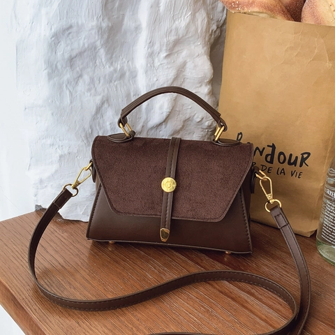 Women Vintage Faux Suede PU Leather Splicing Shoulder Bag Small Square Crossbody Handbag With Gold Buckle Daily Commute