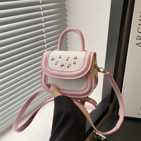 Borsa a Spalla Mini in Pelle PU da Donna Stile Sweet Cool con Stampa Ciliegia Patchwork Borsa Quadrata a Tracolla con Manico