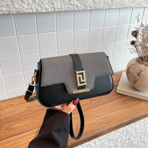 Borsa a Tracolla da Donna in Pelle PU Patchwork Design di Nicchia Minimalista Urbano Borsa a Spalla Quadrata Con Serratura Oro