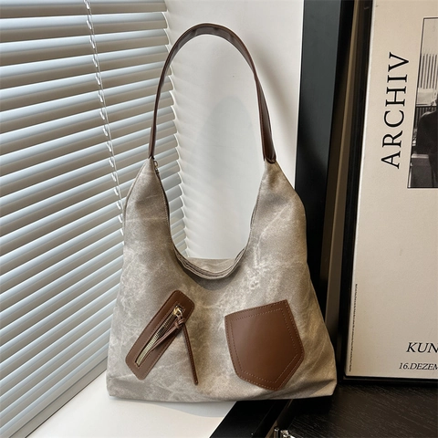 Bolso Tote de Mujer de Gran Capacidad en Cuero PU Textura Lavada Color de Contraste Bolso de Hombro Casual Hobo Bag Simplicidad Urbana