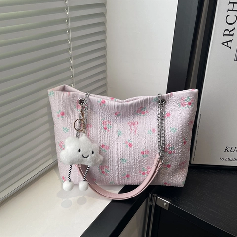 Women Floral Bowknot Tote Bag Textured Fabric Large Capacity Shoulder Bag With Metal Chain Strap And Optional Cloud Pendant