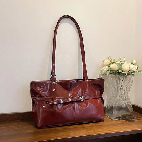 Korean Style Faux Leather Underarm Bag Glossy Large Capacity Tote Shoulder Bag With Belt Buckle For Women Commuting