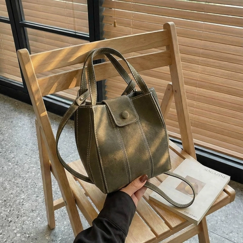 Vintage Mat PU Leer Emmer Tas Voor Vrouwen Contrast Stiksels Handtas Crossbody Tas Minimalistisch Dagelijkse Schoudertas