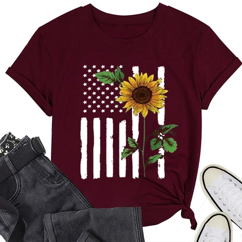 Women's Casual Cotton Blend T-Shirt With Sunflower US Flag Graphic Print Round Neck Short Sleeve Independence Day Top