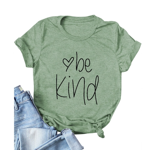 Women Casual Cotton Polyester Blend Short Sleeve T-Shirt With Be Kind Letter Heart Print Round Neck Loose Summer Top