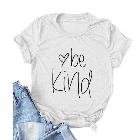 Women Casual Cotton Polyester Blend Short Sleeve T-Shirt With Be Kind Letter Heart Print Round Neck Loose Summer Top