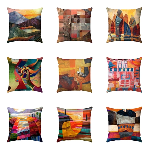 Taie d'Oreiller Art Abstrait Paysage Géométrique Moderne Polyester Peluche Courte Housse de Coussin Décorative Pour Canapé