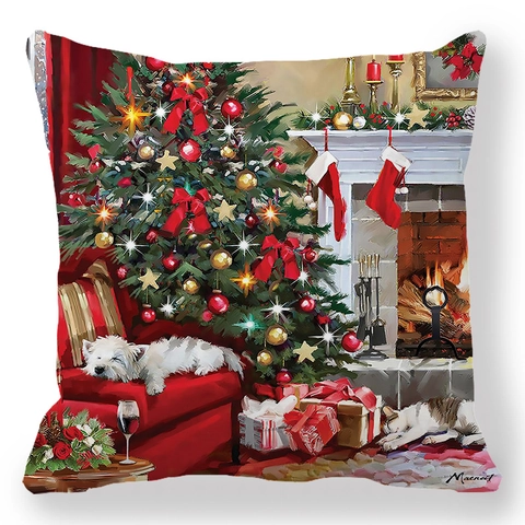 Weihnachts Kissenbezug Pfirsichhaut Quadratisch Deko Kissenhülle Ölgemälde Weihnachtsmann Baum Heimdekoration