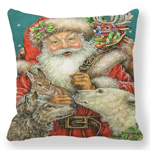 Funda De Cojín De Navidad Papá Noel Pintura Al Óleo Vintage Piel De Melocotón Funda De Almohada Decorativa Para Sofá