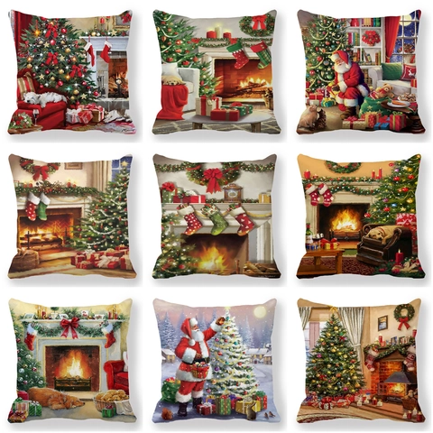Weihnachts Kissenbezug Pfirsichhaut Quadratisch Deko Kissenhülle Ölgemälde Weihnachtsmann Baum Heimdekoration