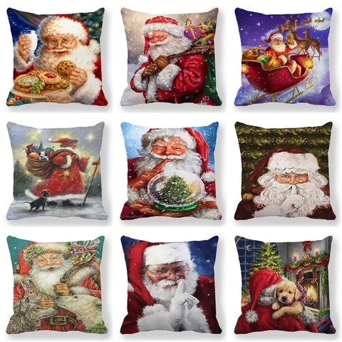 Funda De Cojín De Navidad Papá Noel Pintura Al Óleo Vintage Piel De Melocotón Funda De Almohada Decorativa Para Sofá