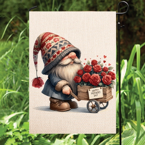 Mother's Day Garden Flag Gnome With Red Roses Hearts Double Sided Faux Linen Burlap Yard Decoration Outdoor Welcome Decorative Flag